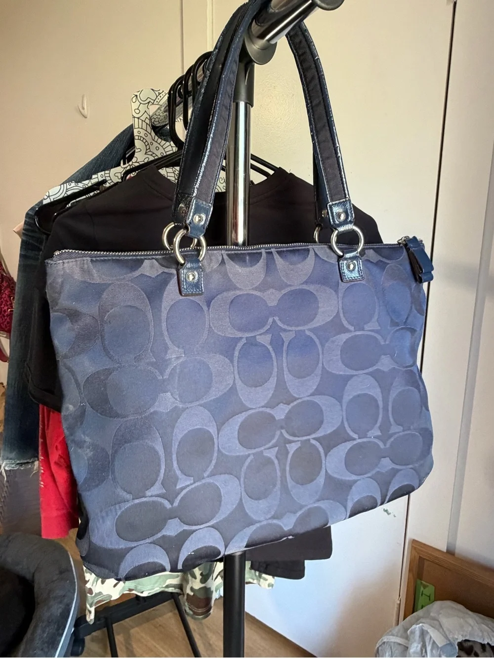 Coach Navy Signature Poppy  Tote with Heart Charm